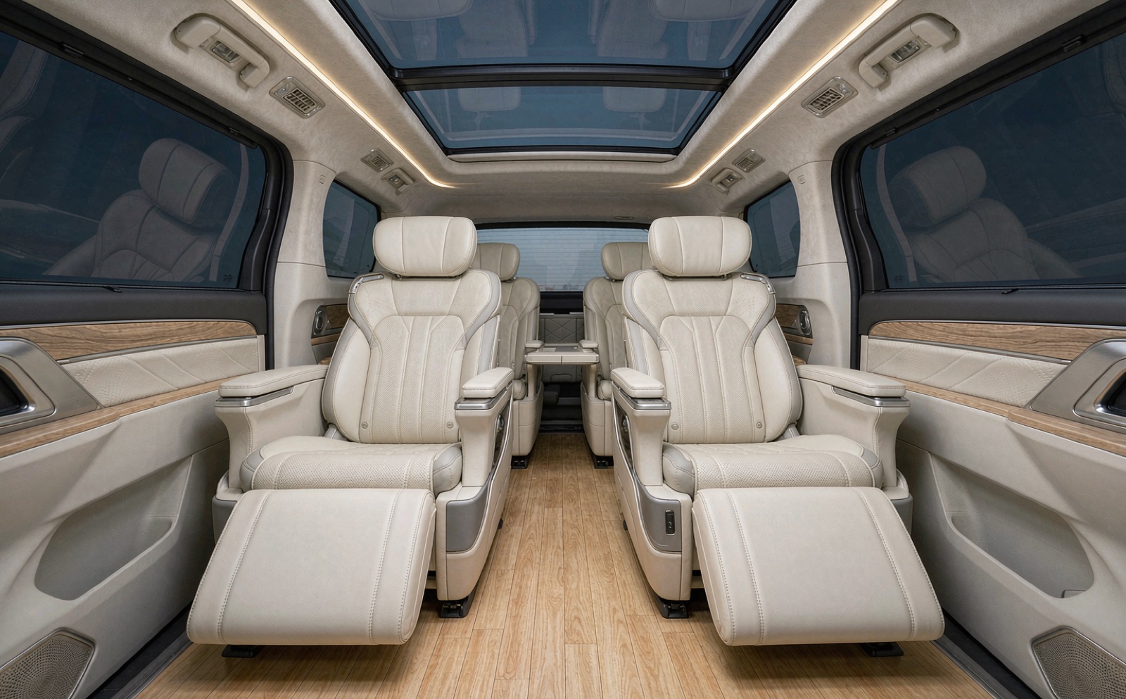 Premium MPV interior with light oak wooden floor and two captain seats