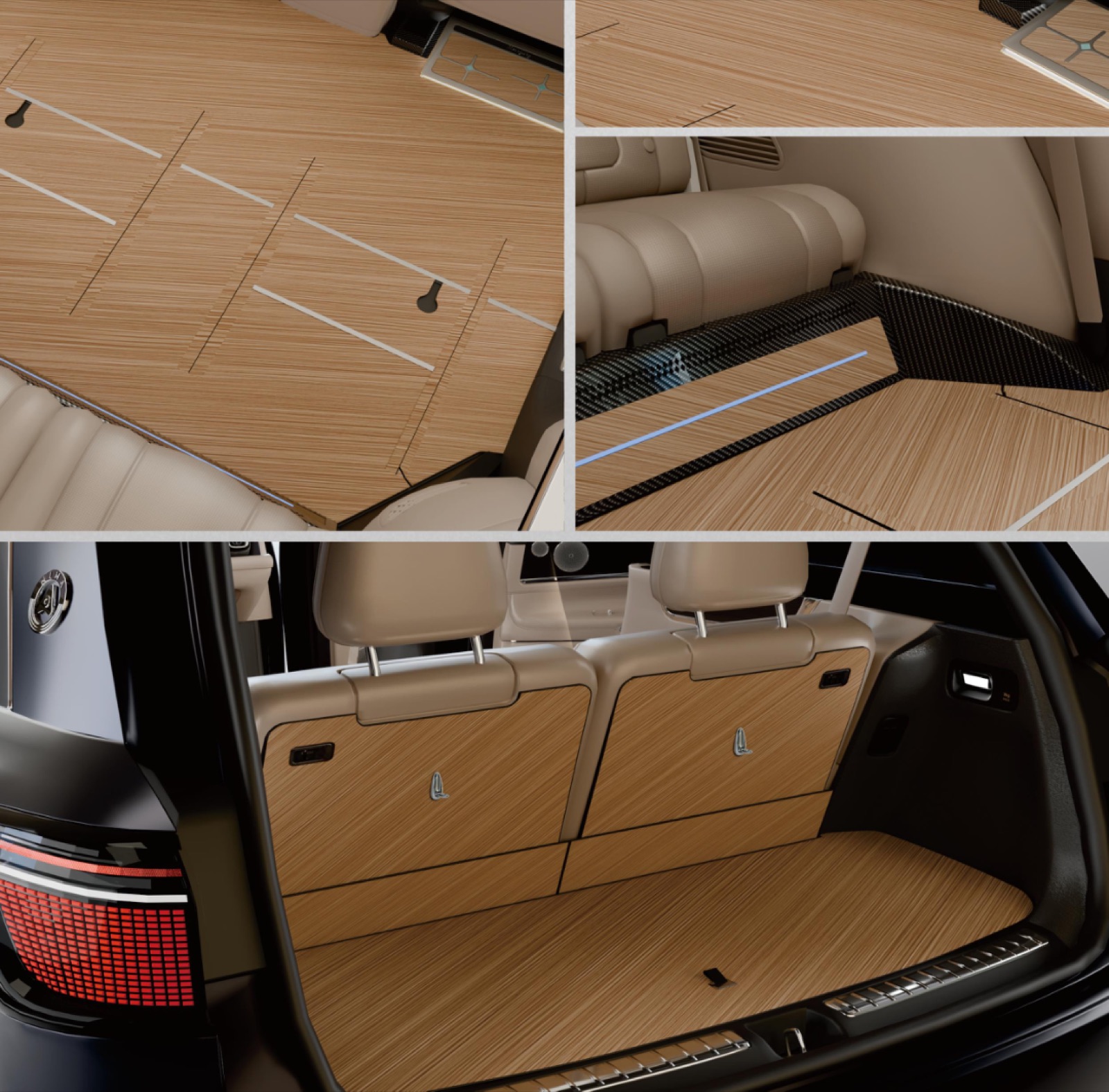 Trunk of a full-size SUV with light oak floor panels extending to the tailgate